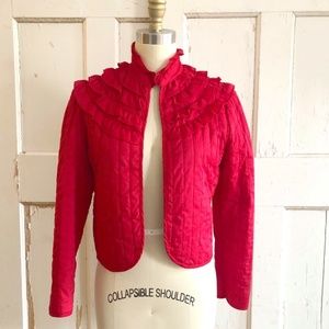 ❤️ Vintage EBER Red Quilted Ruffle Jacket – 80s Retro Statement Jacket